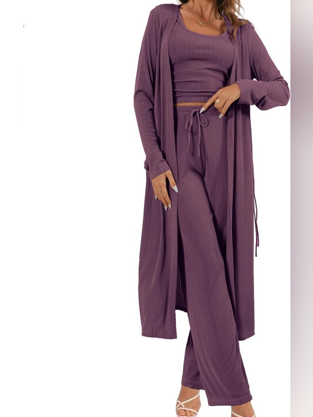 Longline Open Front Ribbed Duster Cardigan - Plum Purple Drawstring Quiet Luxury